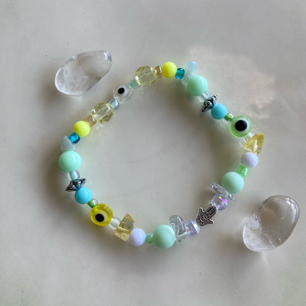 Good Day Mint & Yellow Mixed Bead Beaded Bracelet Evil Eye Yellow Hamsa Silver